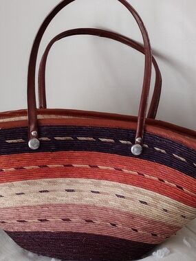Striped Woven Tote Bag with Burgundy, Coral & Natural Stripes